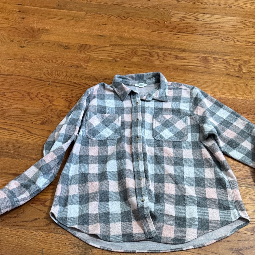 Women’s Plaid Button-Up Shirt Jacket in Gray & Pink, EUC